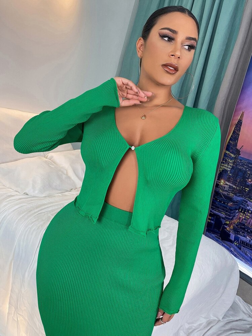 Long Sleeve Ribbed Two-Piece Dress Set - Green